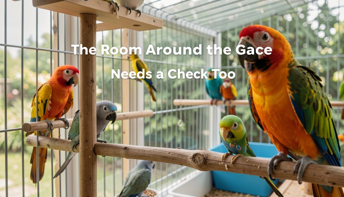 Bird room corner with a cage near a curtained window, a mop bucket and a checklist taped to the wall