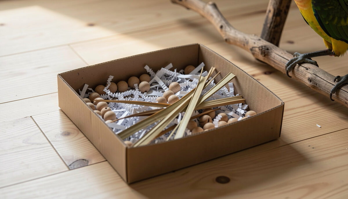 A wooden kitchen table in morning light, a measured bowl of dog food, a slicker brush and a folded towel arranged beside a handwritten weekly care checklist, shot from slightly above at a close angle