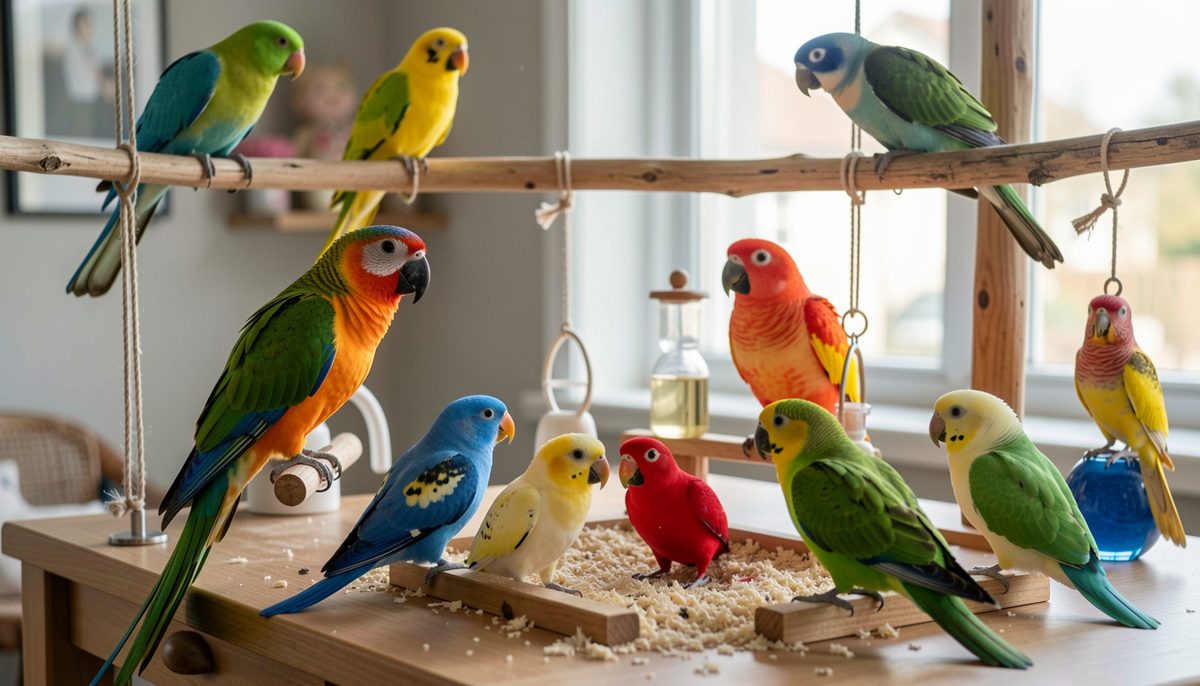 Club table with notebooks, a parrot toy and coffee cups after a local bird keepers meeting