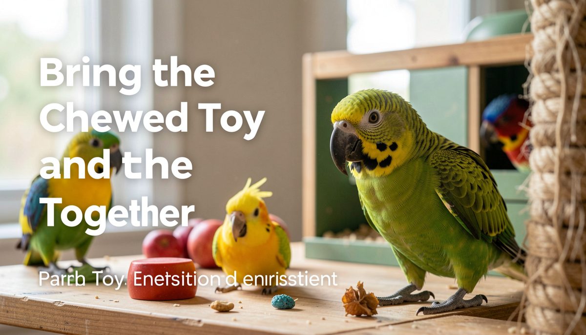 Kitchen table with a bagged chewed toy, a notebook of questions and a carrier beside a travel perch