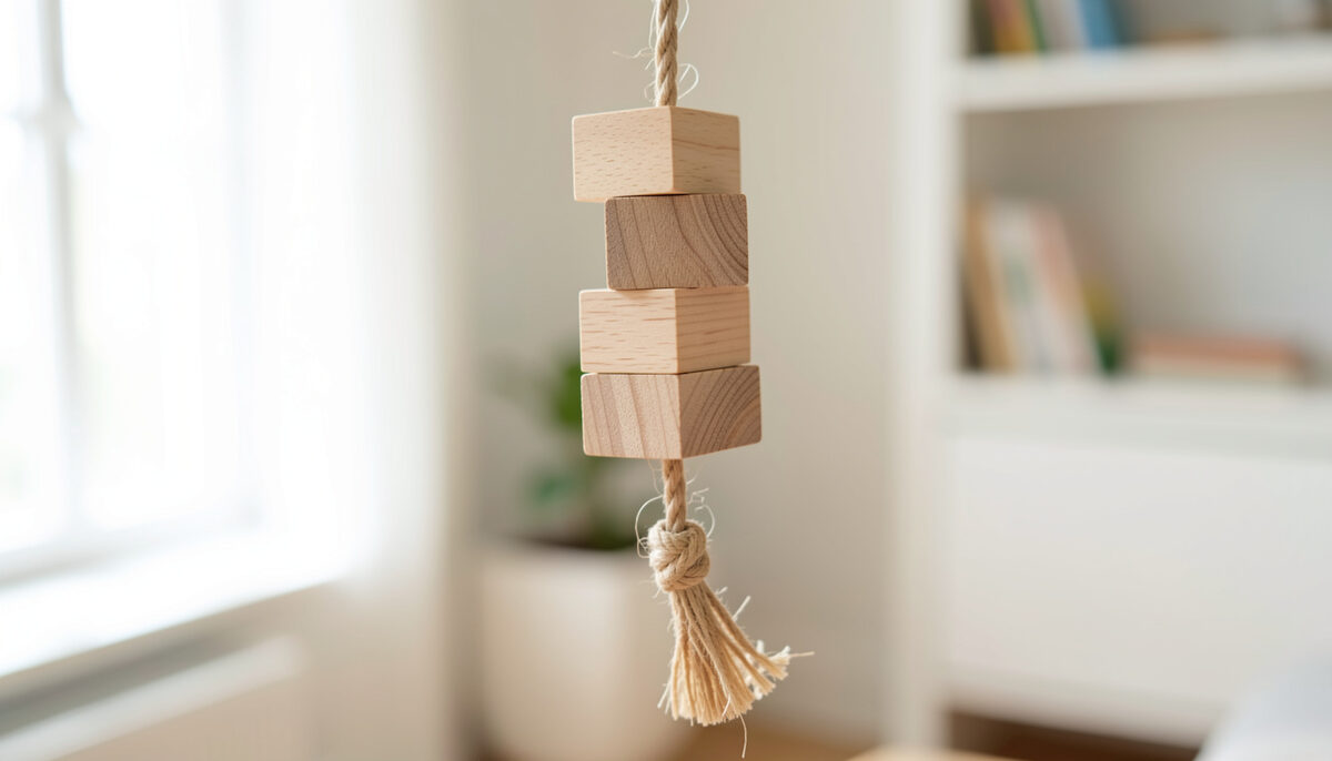 Hanging toy of four untreated wooden blocks threaded on a sisal rope, finished with a knot and a frayed tassel