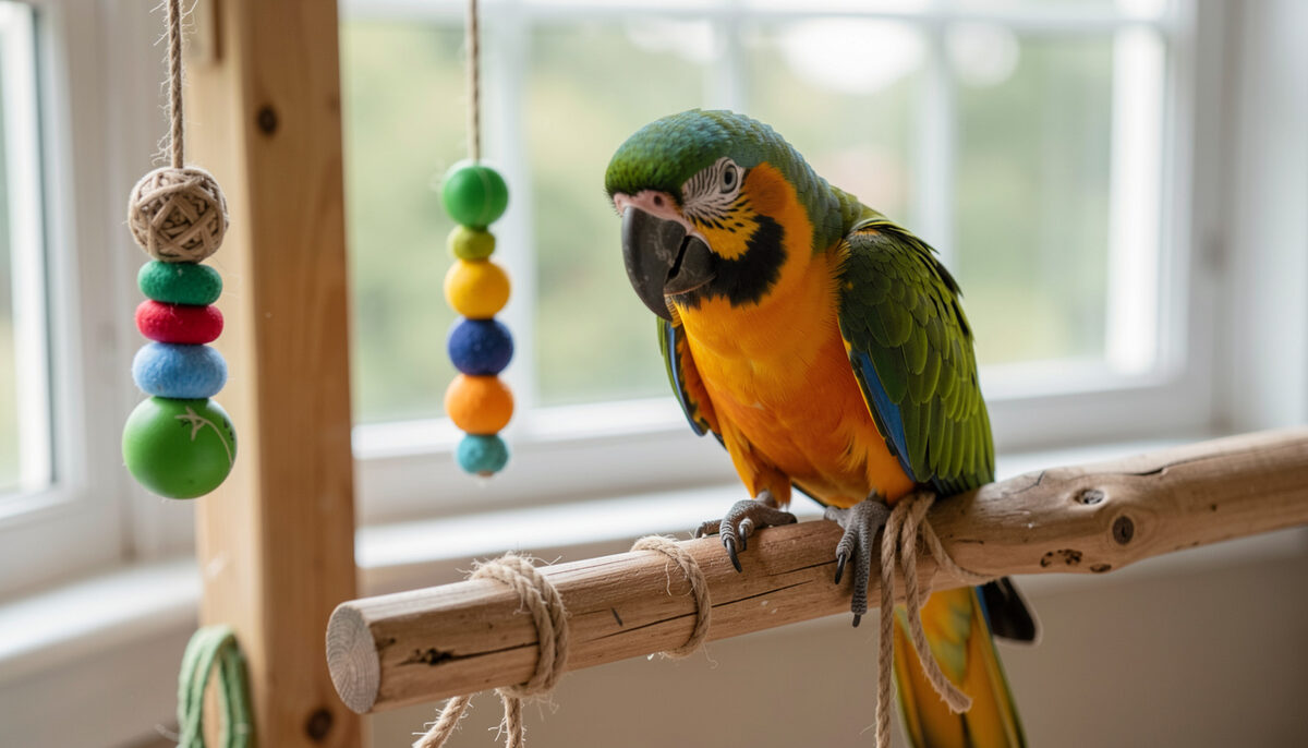 Wooden play frame with hanging rope toys, felt shapes and wooden blocks, two small parrots perched on the bars