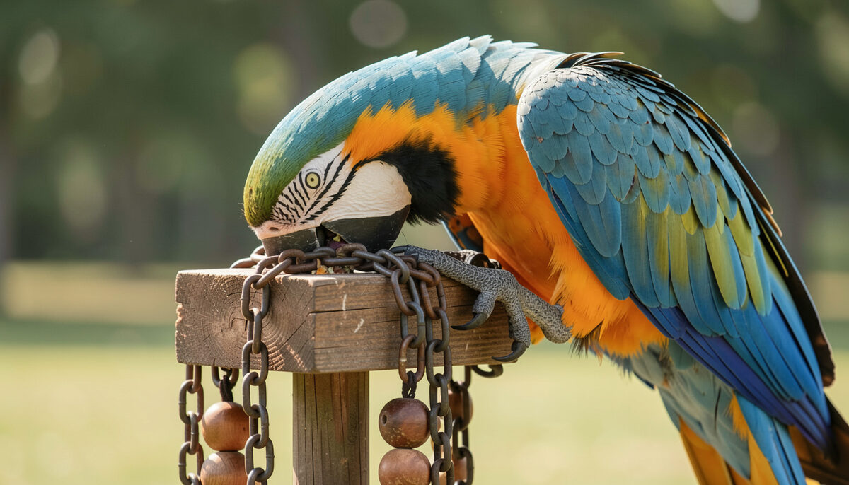 Large blue and gold macaw leaning over a heavy wooden block toy strung on a thick metal chain