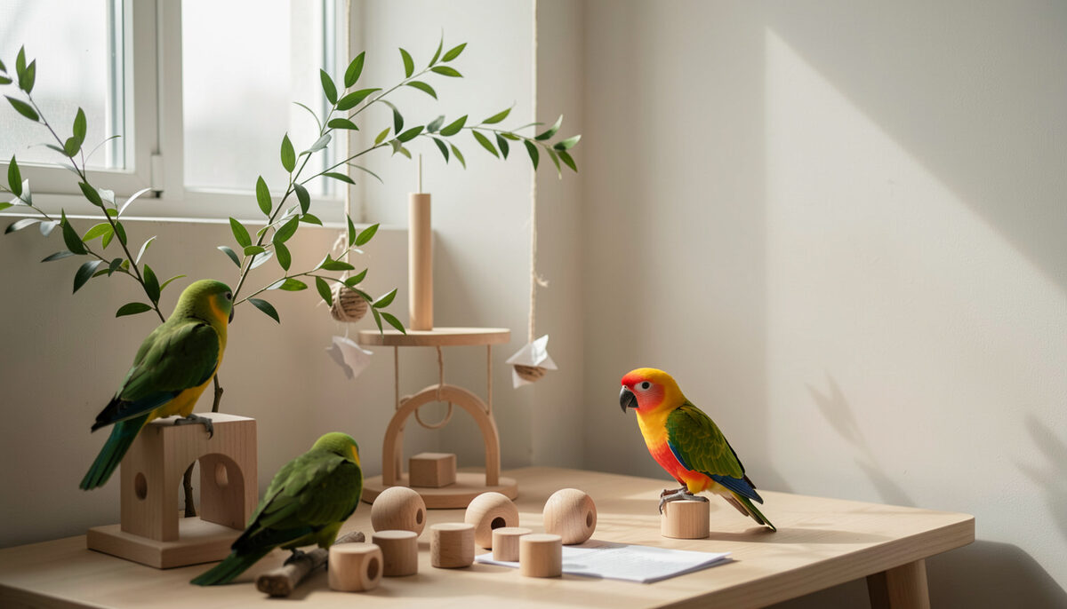 Freshly set up play corner with new wooden toys, hanging paper foragers and green branches in soft daylight
