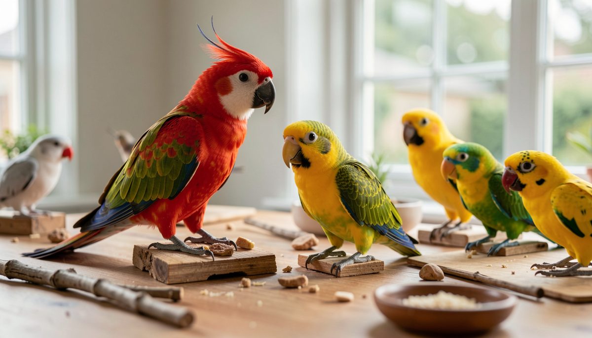 Open notebook with dated lines and a pen beside a cage, a parrot perched in the background