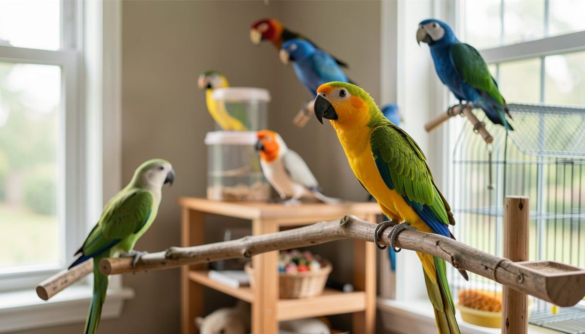 Two budgerigars of different color mutations perched side by side near a paper foraging toy