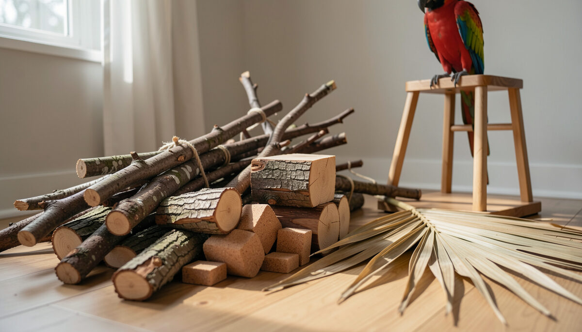 Stack of cut branches, pine blocks and cork rounds beside a dried palm leaf and a wooden play stand indoors