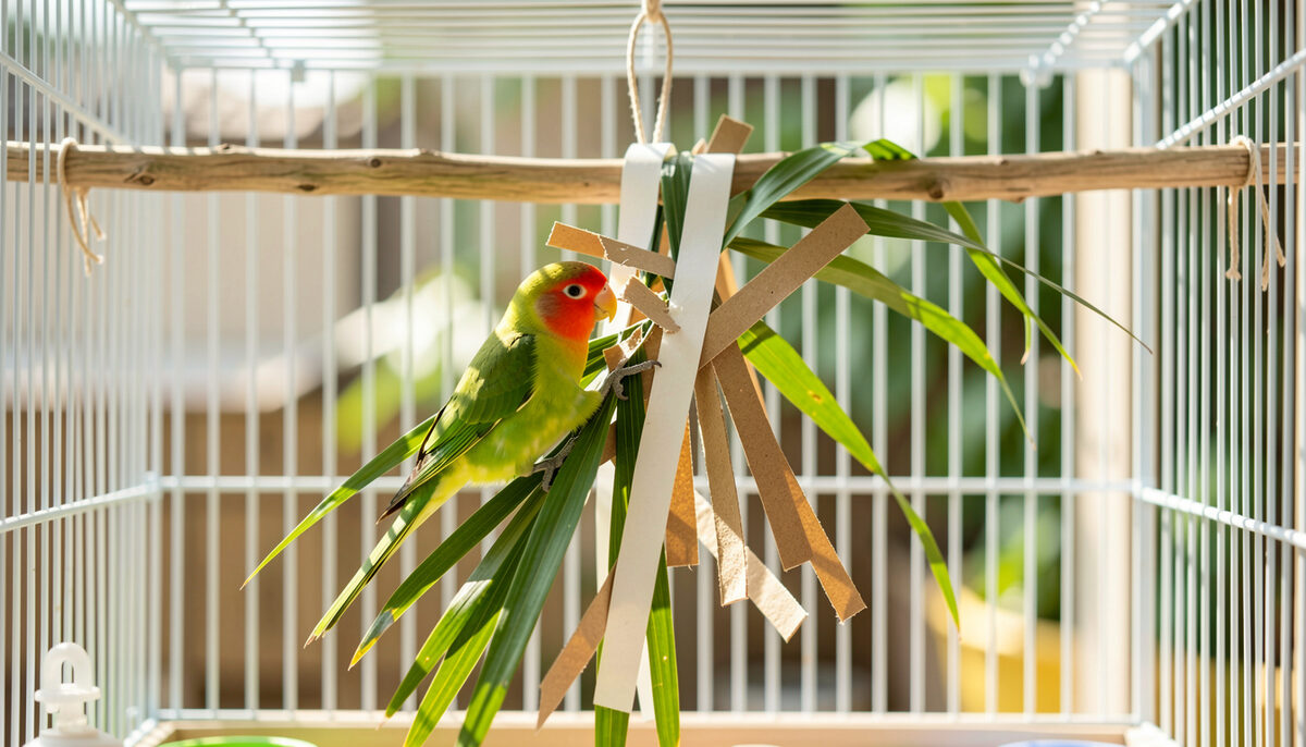 Small green parrot pulling at a hanging bundle of palm leaves and thin cardboard strips inside a cage