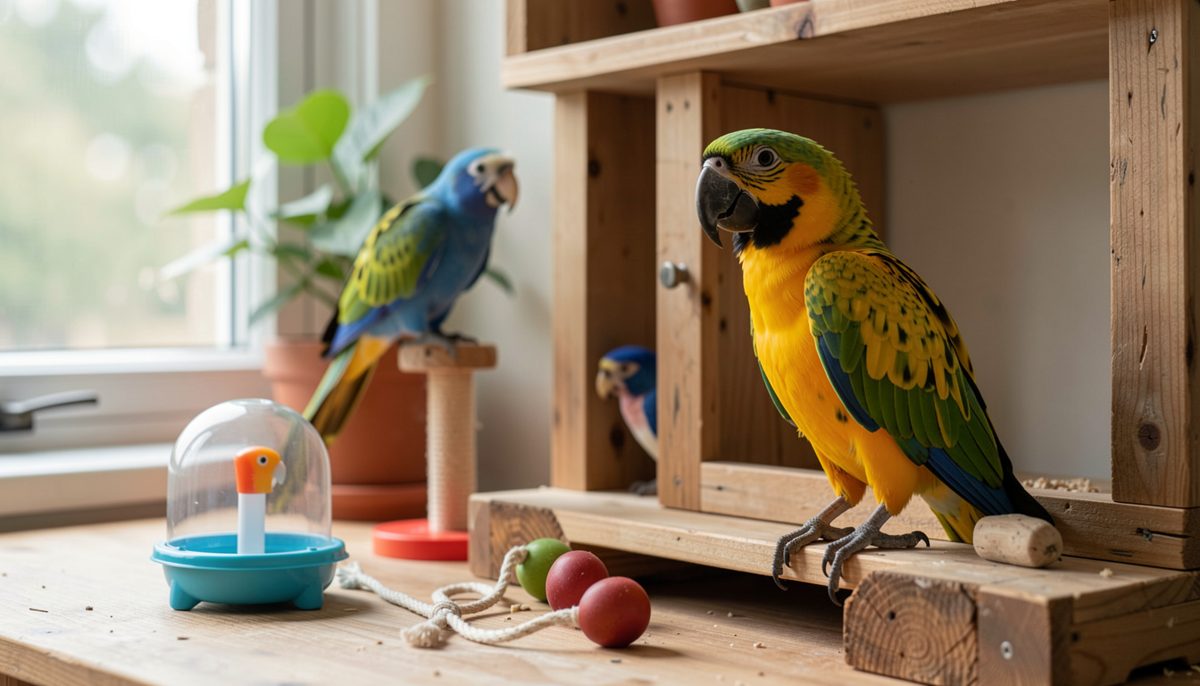 Cage with a printed instruction sheet taped to the food cupboard and a small bag of toys beside a suitcase